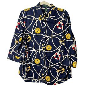 Lauren Ralph Lauren Top Nautical Button-Up Shirt Navy Blue Women Size 2X